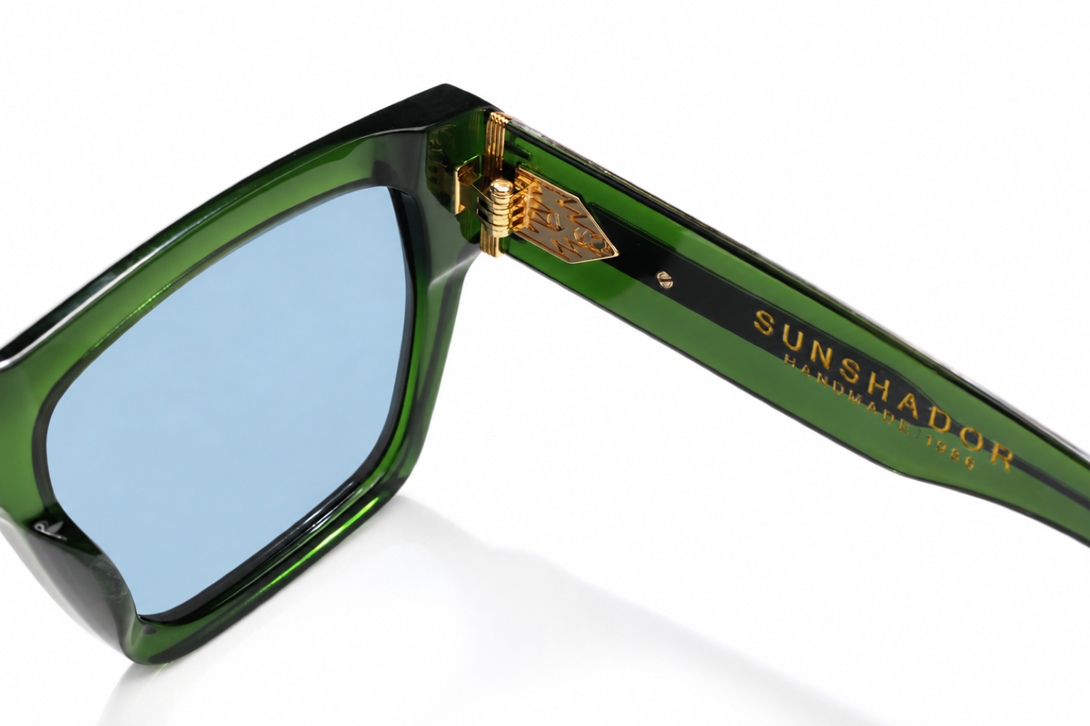 acmo green acetate frame hinge and temple detail