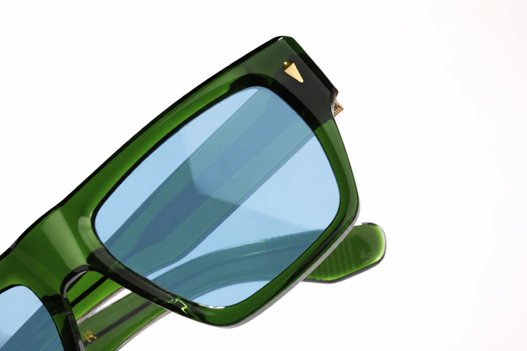 acmo green acetate frame and blue lens detail