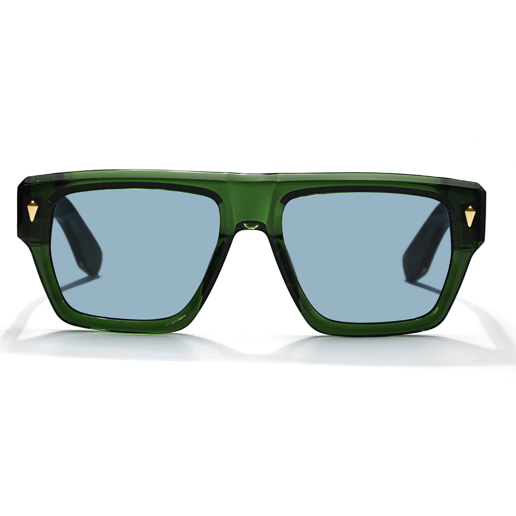 acmo green acetate sunglasses with standard blue lenses, front view