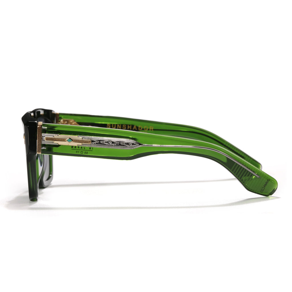 acmo green acetate sunglasses with blue lenses, side view