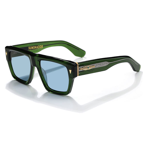 acmo green acetate sunglasses with blue lenses, three-quarter view