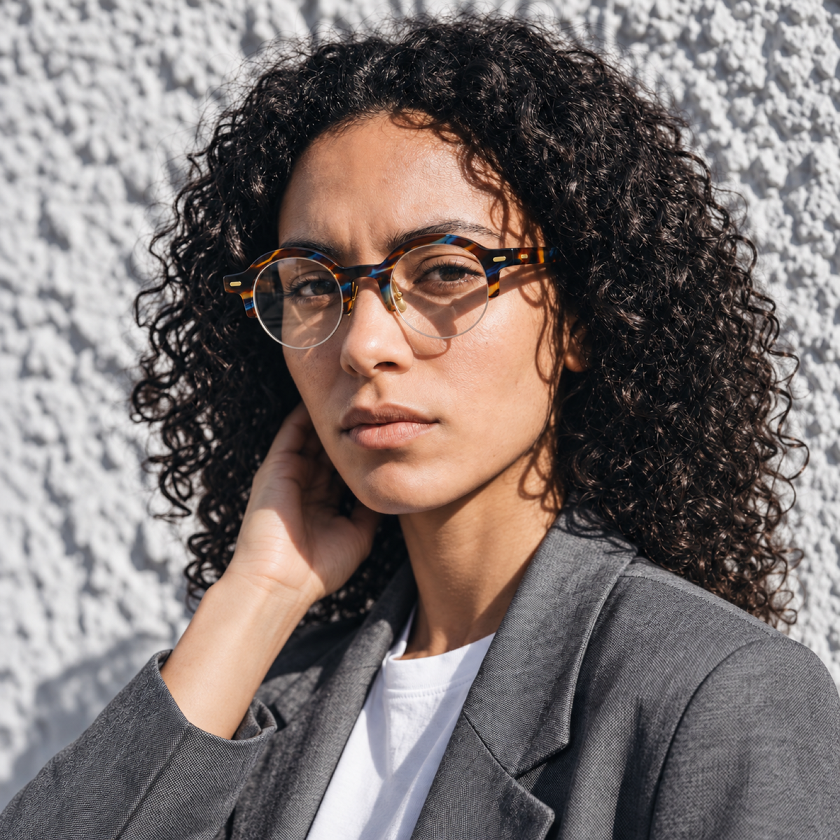 og striped optical frame worn by a female model