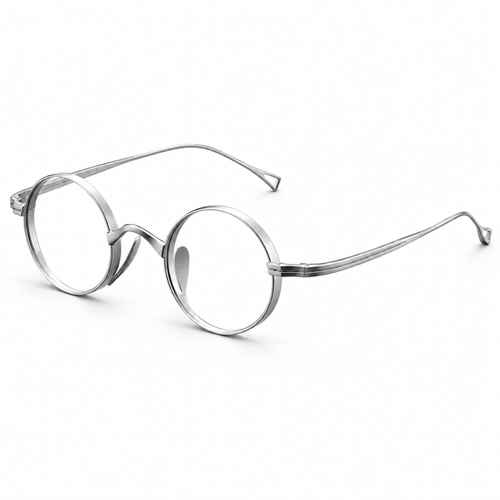 Silver round optical frame, three-quarter view on a white background