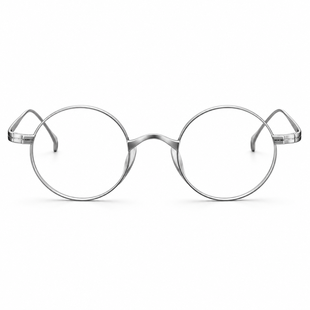 Silver round optical frame, front view on a white background