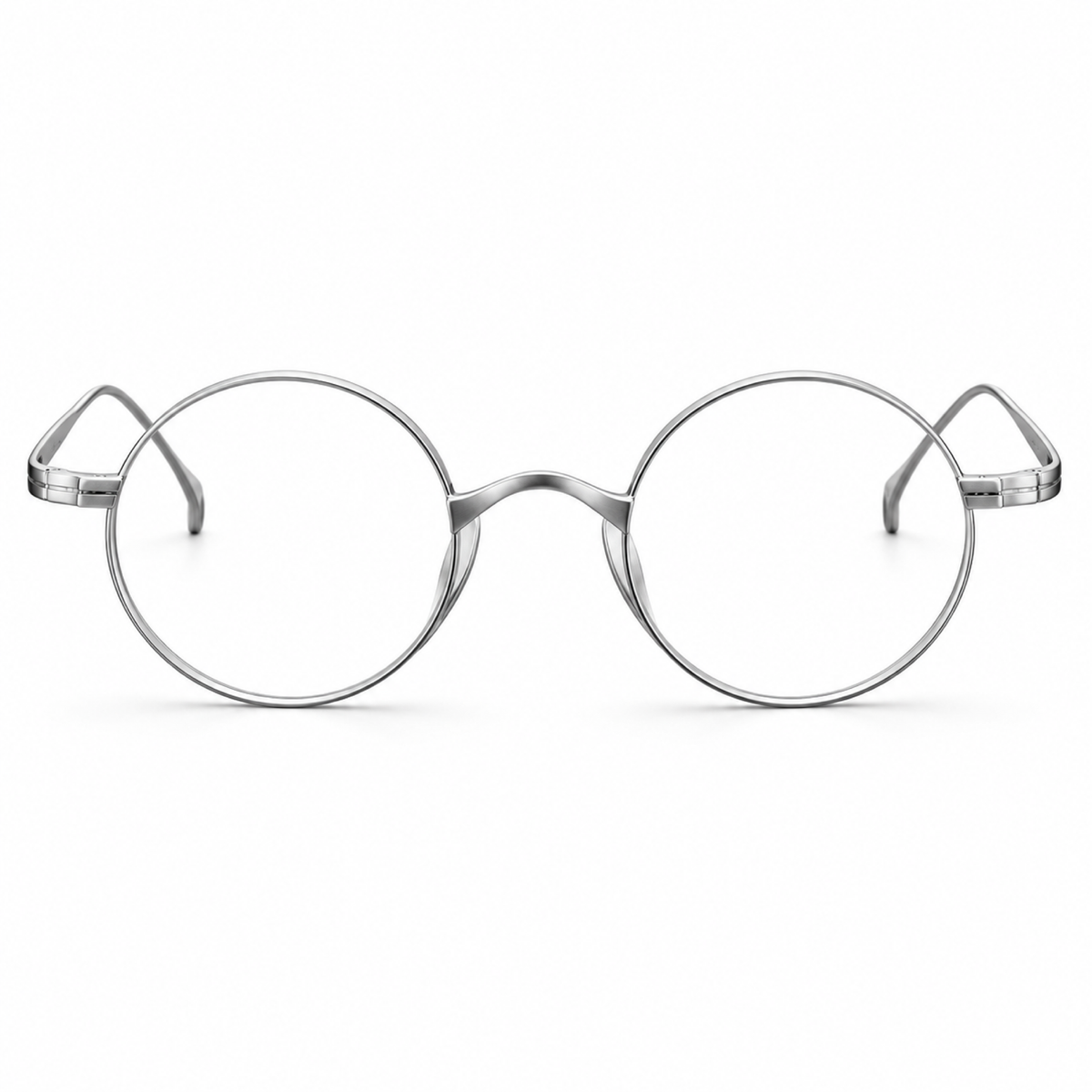Silver round optical frame, front view on a white background