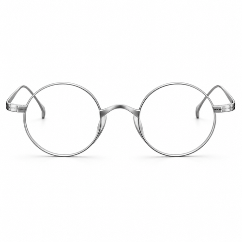 Silver round optical frame, front view on a white background