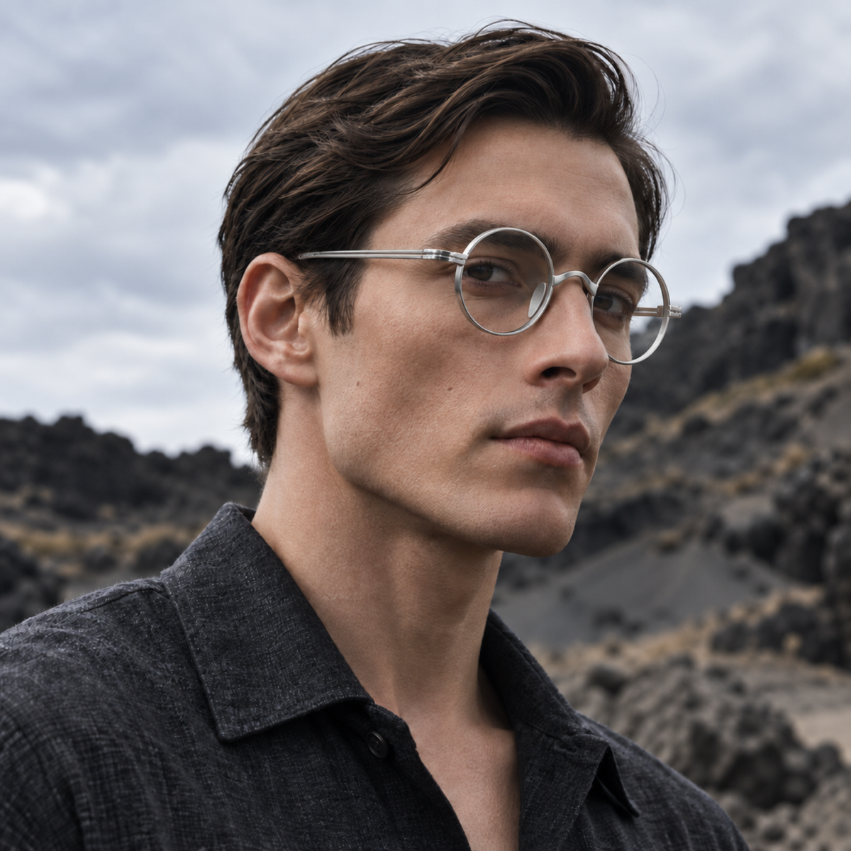 AI-generated male model wearing the silver round optical frame