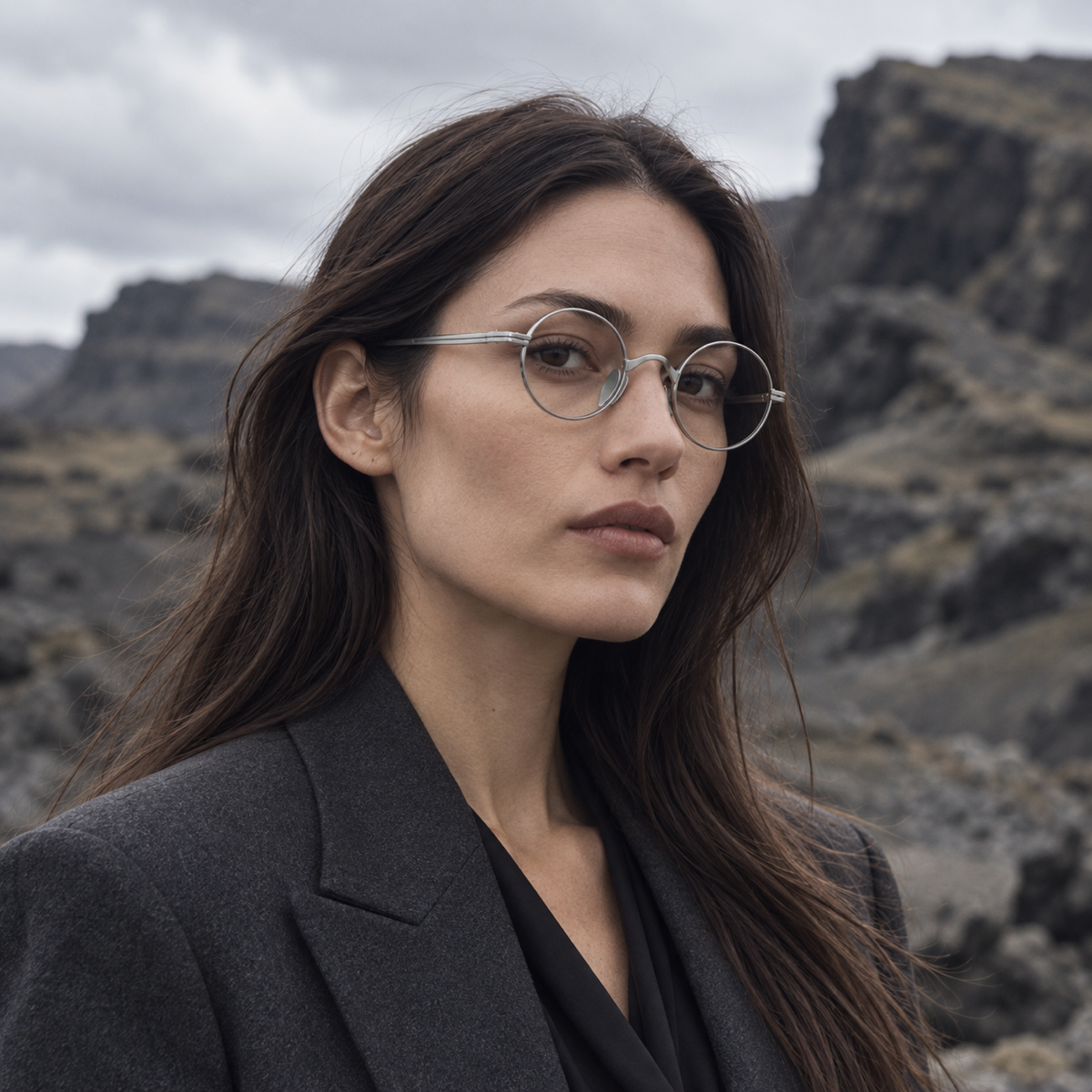 AI-generated female model wearing the silver round optical frame