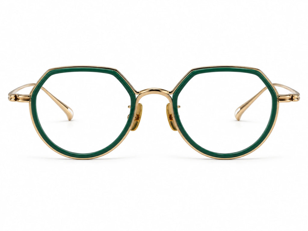 yt-01 green and gold pure titanium geometric optical frame, front view