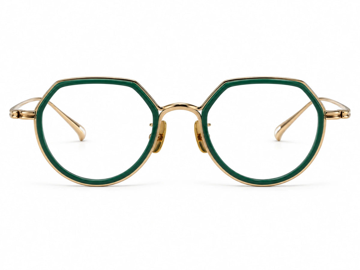 yt-01 green and gold pure titanium geometric optical frame, front view