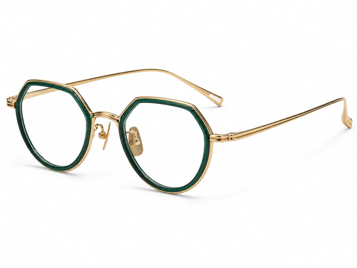 yt-01 green and gold pure titanium geometric optical frame, three-quarter view